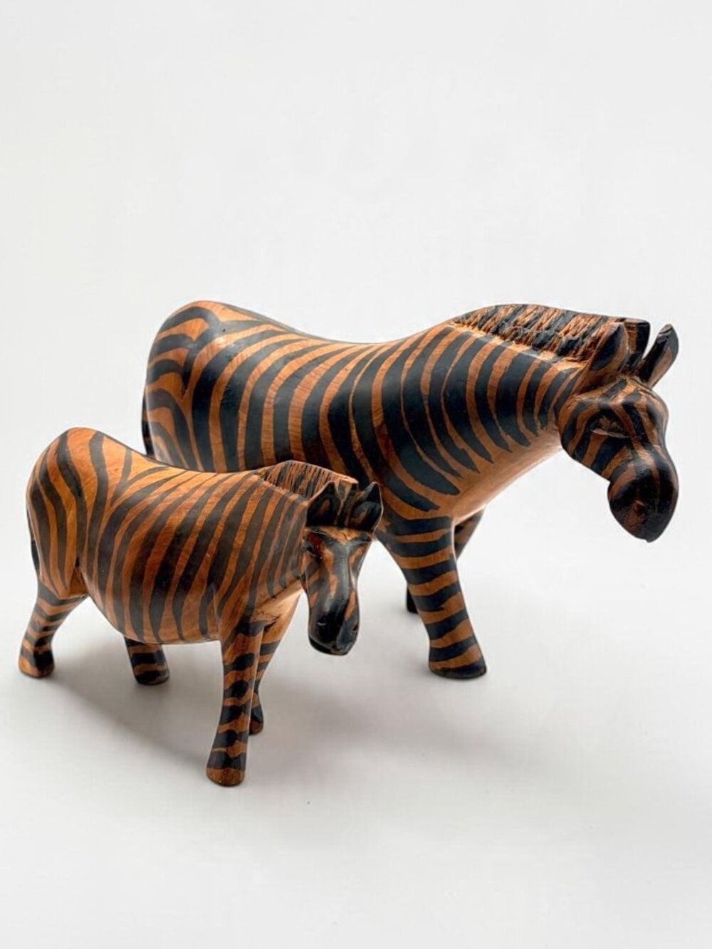 Vintage Kenya Hand Carved Wooden Zebra Figurines Pair African Folk Art 11" & 7"